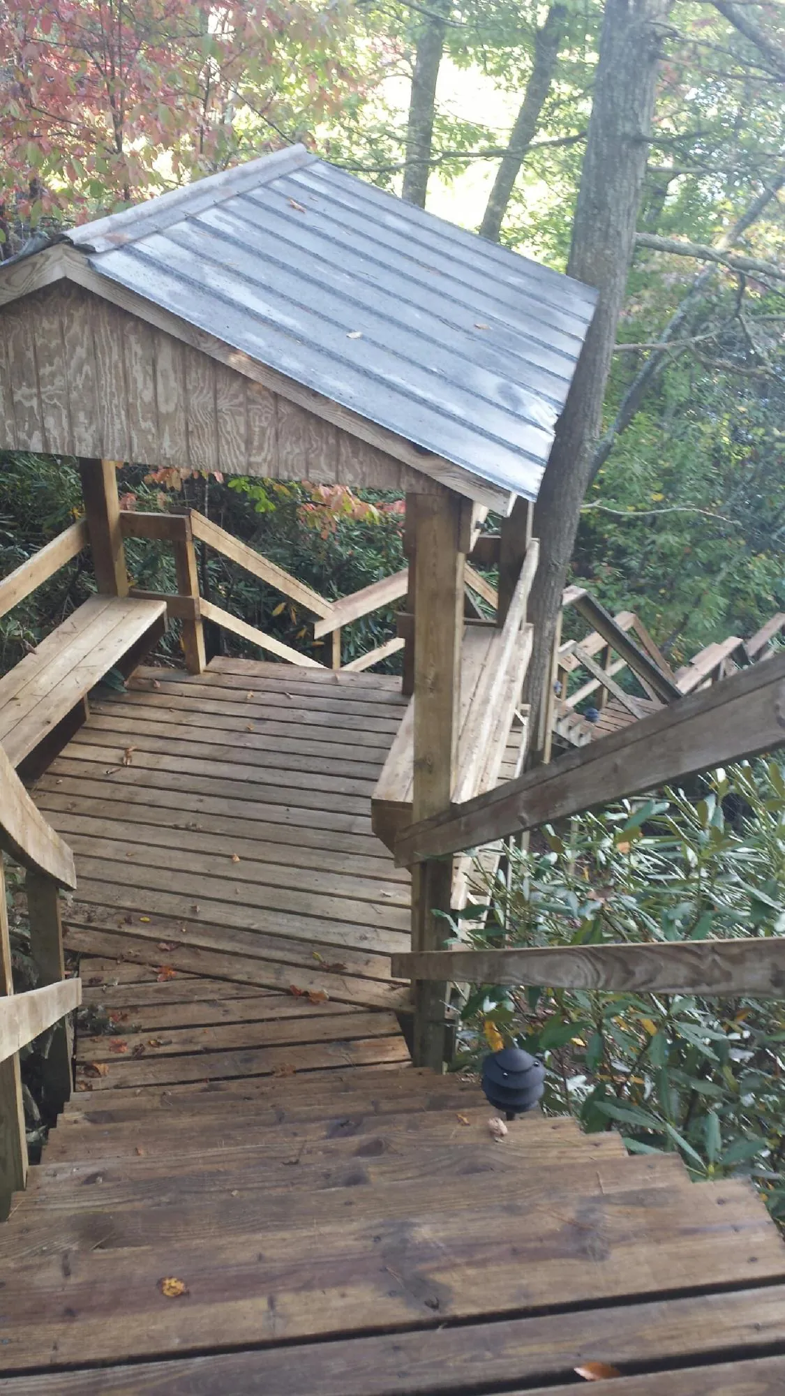 Metal roofed shelter over wooden steps on a wooded walkway — Skylight Repair & Installation work by our crew in Summertown